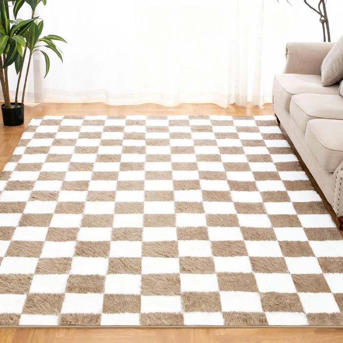 Tapis Salon Shaggy 160 x 230 cm Descente de lit Tapis Poils Longs Doux pour Salon Chambre Canapé Moelleux Chambre Blanc café