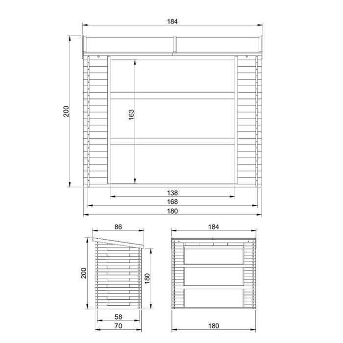 Leñero - 86 x 184 x 200 cm / 0,9 m² - Almacenamiento de leña y leñero para exteriores - TIMBELA M201
