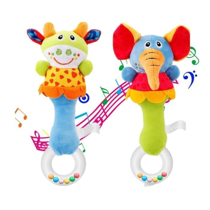 Sonaglio per neonati, morbido peluche colorato con suono, adatto a bambini di 3, 6, 9 e 12 mesi (2 pezzi)