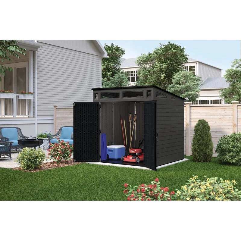 Moderne opbergloods van kunsthars met afmetingen 2,29 m x 2,22 m x 2,26 m