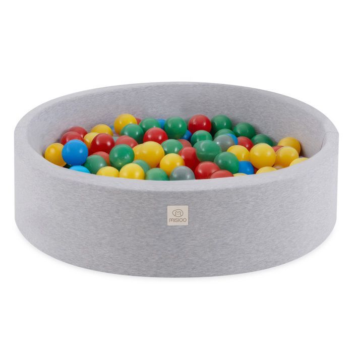 MISIOO Round Cotton Ball Pit for Babies and Children's Rooms, Grey, 90x30 cm, 200 Balls: Yellow/Red/Blue/Green