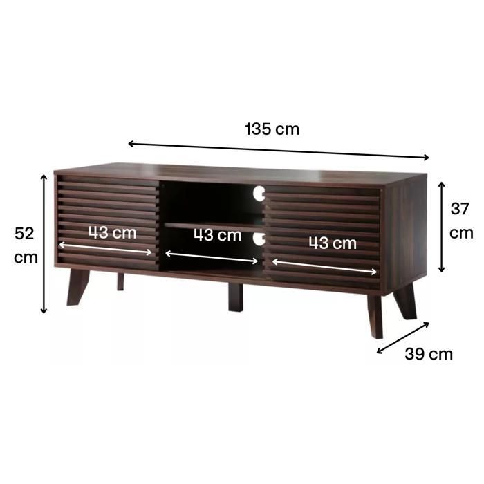 CALICOSY - Meuble TV portes coulissantes Façades Effet Bois Rainuré L135 cm - FRIBOURG - Bois foncé