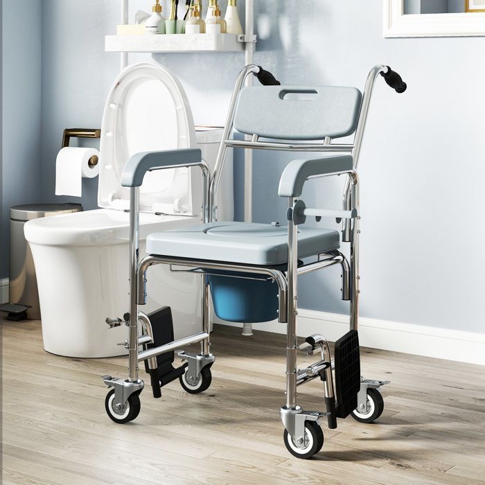 Chaise percée adulte - HOMCOM - roulettes - repose-pieds, dossier et accoudoirs - aluminium et plastique - 53x97x97cm - gris