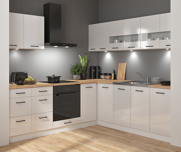 Komplet kuchenny narożny Junona Line 220x240 kredowy połysk z blatem