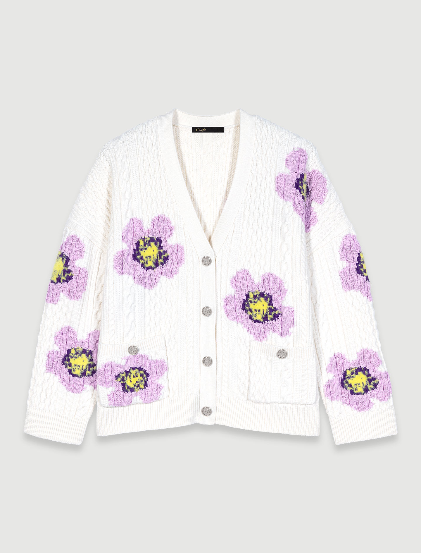 Cardigan tricotat cu imprimeu floral - Alb-gălbui
