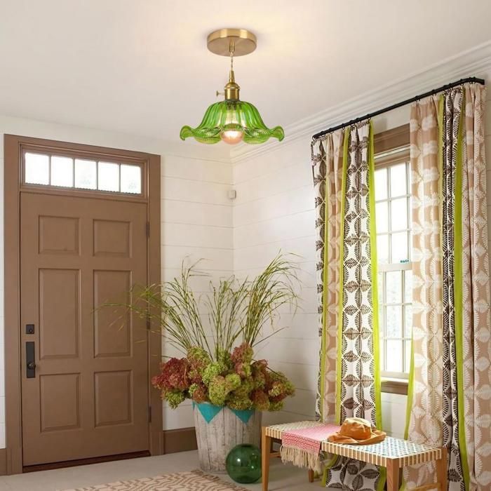 Lámpara colgante vintage iDEGU, lámpara de techo industrial de 25 cm con pantalla de cristal con diseño floral, araña estilo Edison, verde.