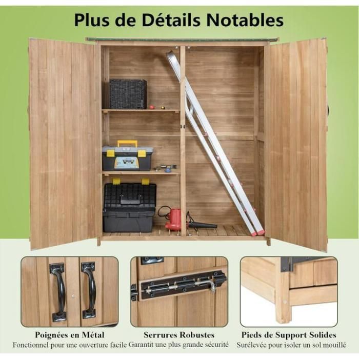 Houten tuinschuur - RELAX4LIFE - Dubbele deuren met sluiting - Hellend asfalt dak - 3 schappen - 140x50x162cm