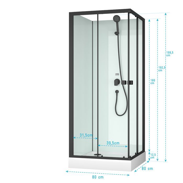 Vierkante douchecabine 80x80x200 cm - Schuifdeuren - Witte achterwand & Matzwarte profielen