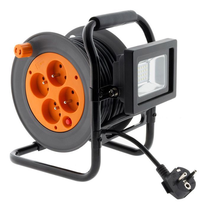 carretes de cable eléctrico 2P+E + foco LED de 15 m - Naranja - Zenitech