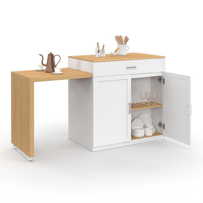IDMARKET VITO 94-155 cm white wood central island with integrated extendable beech-effect dining table