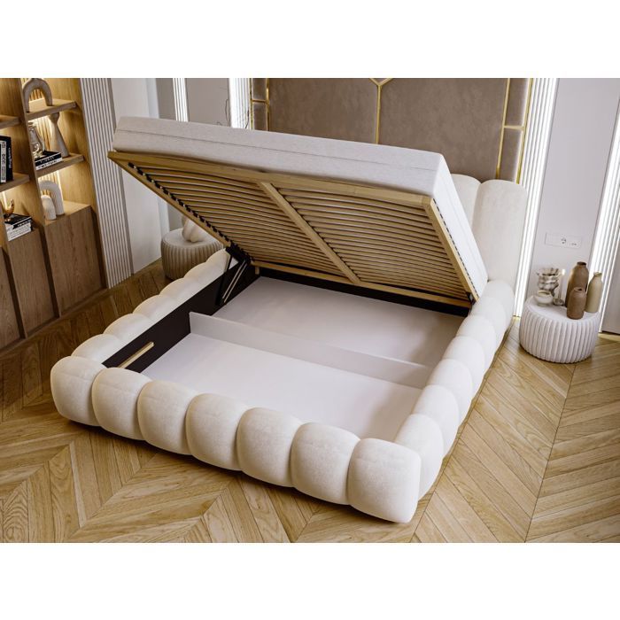 Bed frame - Velvet fabric - Slatted base - Beige bed - Averia 140x200