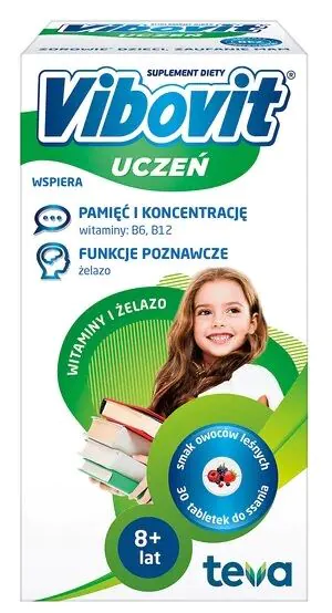 Vibovit Uczeń, Witaminy + żelazo, Tabletki do ssania o smaku owoców leśnych