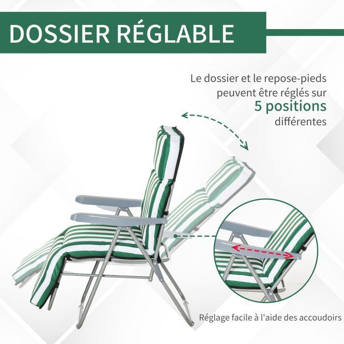 Set of 2 sun loungers - Outsunny - sunbed - adjustable folding deckchair - garden bed - steel - green + white