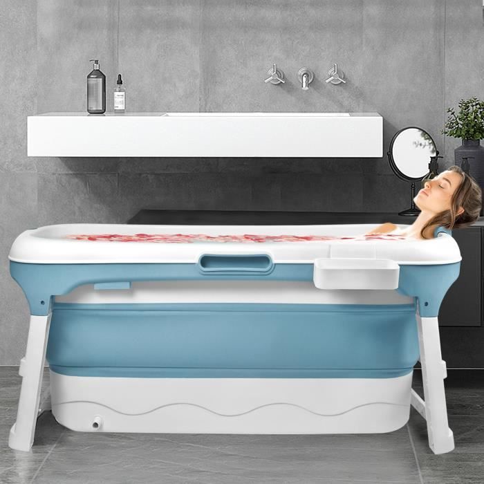Bañera plegable Aufun de 148 x 62 x 53 cm con tapa y rodillos de masaje, bañera portátil, color azul.