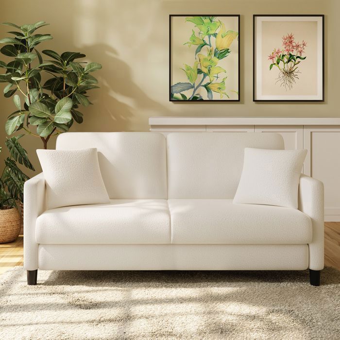 Sofá de 2 plazas de terciopelo beige estilo Teddy para salón o dormitorio, estilo escandinavo, con 2 cojines, patas de madera, 165 × 78 × 85 cm.