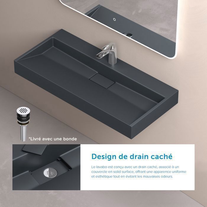Lavabo mural Doporro con desagüe, lavabo de encimera, gris mate/negro, 50x38x11cm, lavabo rectangular con orificio para taladrar, Colossum19