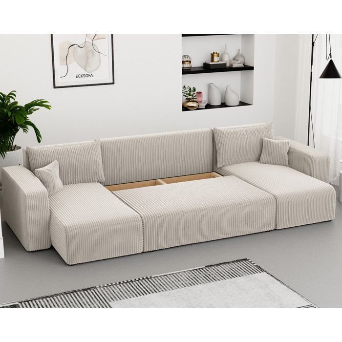Canapé d'angle Panoramique PIANO U - 7 places - Canape Convertible avec Coffre - Tissu Velours Cotelé - Crème