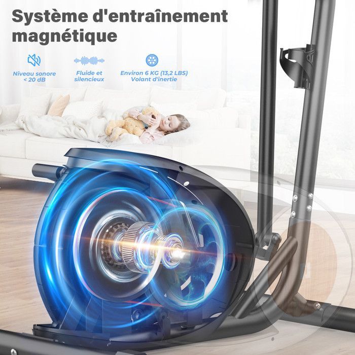 2-in-1 magnetische crosstrainer. 16 weerstandsniveaus, vliegwiel van 6 kg, maximaal 120 kg. Bluetooth-app, lcd-scherm, zwart.
