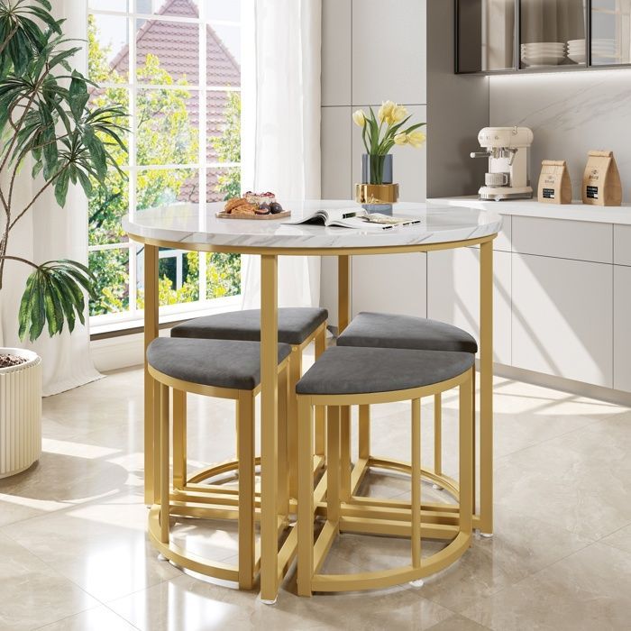 Conjunto de mesa de jantar DRIPEX com 4 cadeiras, mesa de cozinha moderna, estrutura em MDF com detalhes em ferro dourado, cadeiras em veludo, 80x80x75cm, cinza