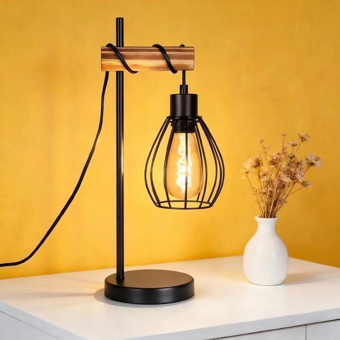 Nettlife Lampe de Table Industrielle Bois & Métal Noir, Cage, pour Salon/Chambre/Bureau/Cuisine
