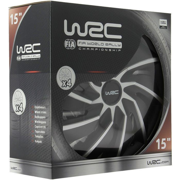 Juego de 4 embellecedores de rueda de 15 pulgadas en dos tonos, gris y negro - WRC - TURBO - Estilo deportivo - Instalación rápida y sencilla mediante clip.