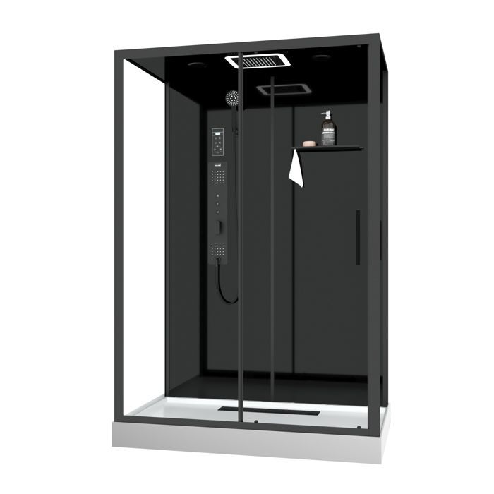 Cabina de ducha con hidromasaje de 140x85x218 cm - Puerta corredera - Panel trasero y perfiles en negro mate