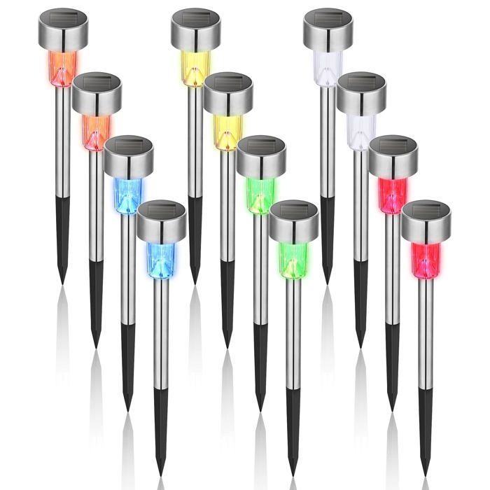 Set di 12 luci solari da giardino IP65 in acciaio inossidabile con LED multicolore – 36 cm, da piantare