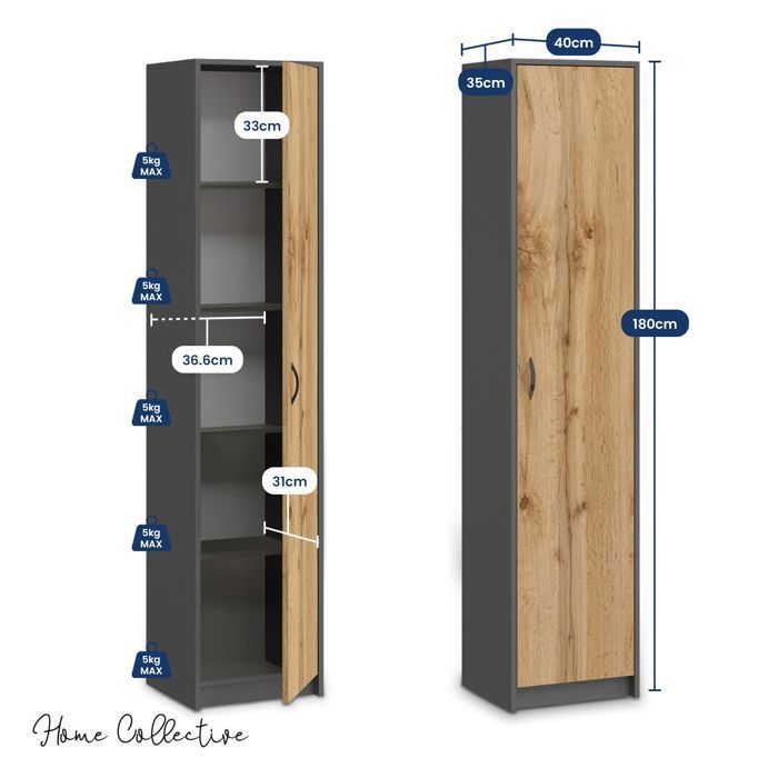 Mobile contenitore a 1 anta - 40x35x180 cm - Mobile per ufficio/camera da letto a 4 ripiani - Unità di stoccaggio multiuso - Wotan