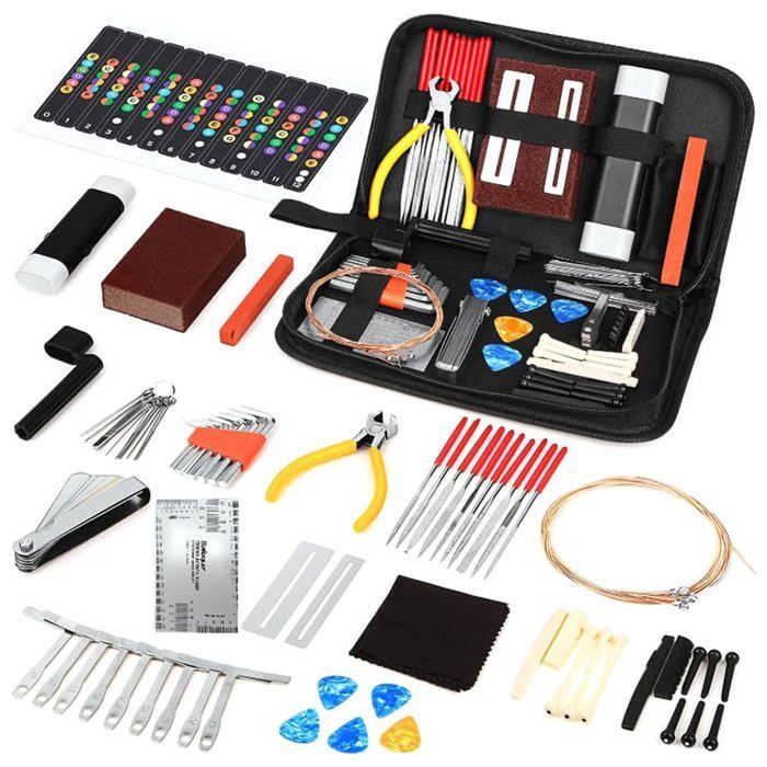 Kit Réparation Guitare 72PCS, Outils Entretien Réglage pour Guitare Électrique Basse Ukulélé, Accessoires Luthier Complet Cuneary