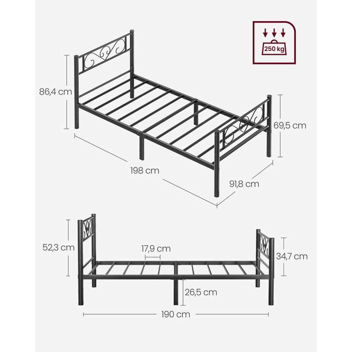 Structure de lit simple en métal, convient à matelas de 90 x 190 cm, montage facile, pour les petits espaces, Noir