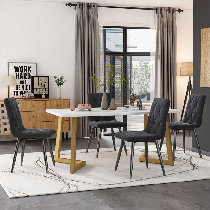 Mesa de comedor con 4 sillas, conjunto moderno de mesa y sillas para cocina/sala de estar, sillas de terciopelo gris oscuro.