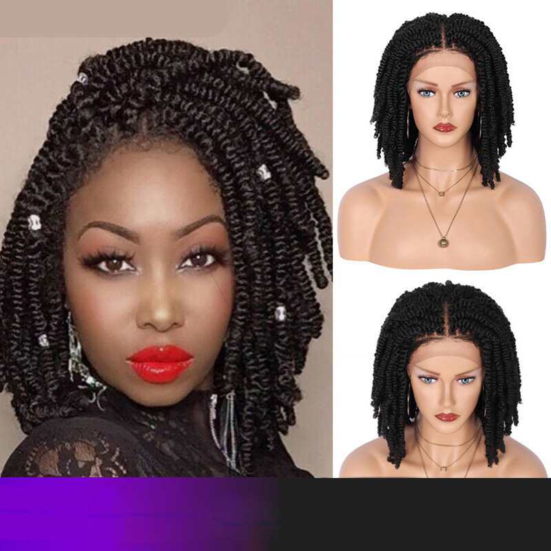 12 Knotless Braided Synthetic Wigs with Baby Hair 4X4 Lace Front Short Black Spring Twist Braids Wig for Black Women