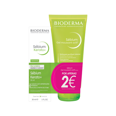 Bioderma Sébium Kerato Active Foaming Gel Pack Anti-imperfeksjonsrens for fet hud 30 ml 200 ml 30 ml 200 ml