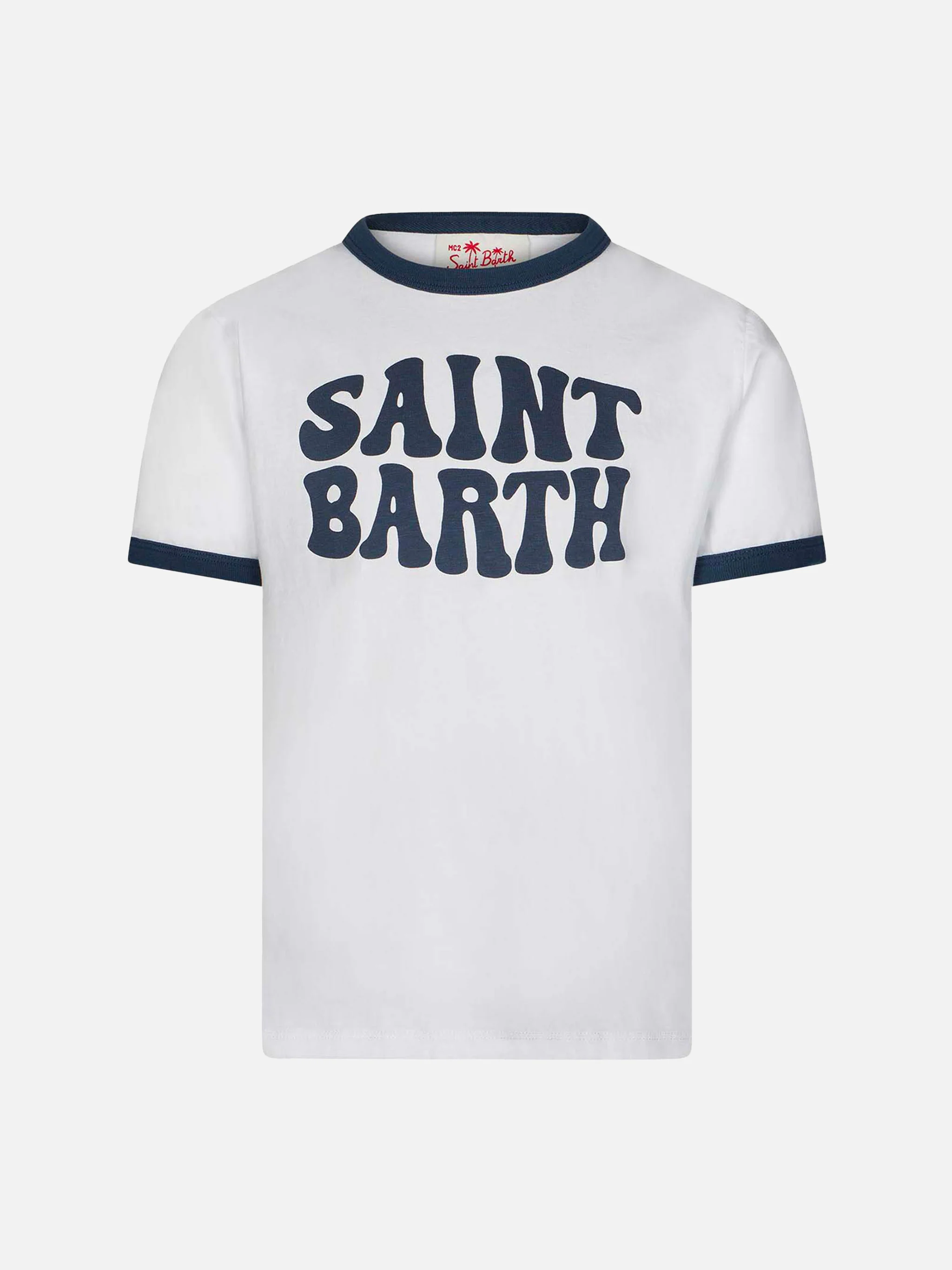 Wit katoenen T-shirt voor jongens met blauwe Groovy Saint Barth-print.