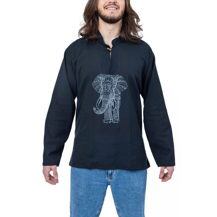 Fantazia - Camisa de hombre - Camisa negra con cuello mao y estampado de elefante Hatti