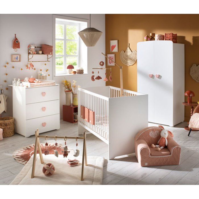 Chambre bébé trio Basic coeur: lit 120x60, commode à langer et armoire - Babyprice - Blanc