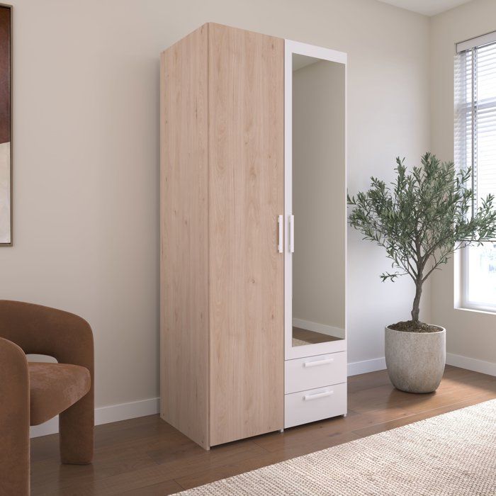 Armario VARIA - Acabado en roble y blanco - 2 puertas - Espejo - Ancho 80,7 x Profundidad 51,7 x Alto 185 cm - PARISOT