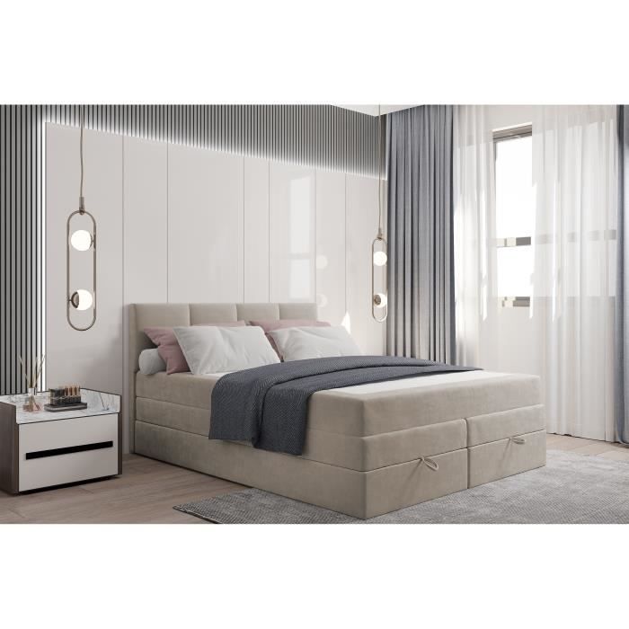 Cama de casal PRADO 160x200 cm com arrumação e colchão de molas ensacadas - tecido aveludado - bege