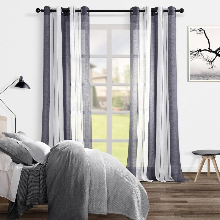 Topfinel Rideau Voilage 140x160cm BlancGris Rayures Lot de 2 Transparent Voilage Fenetre à œillets d'intérieur pour Salon Chambre