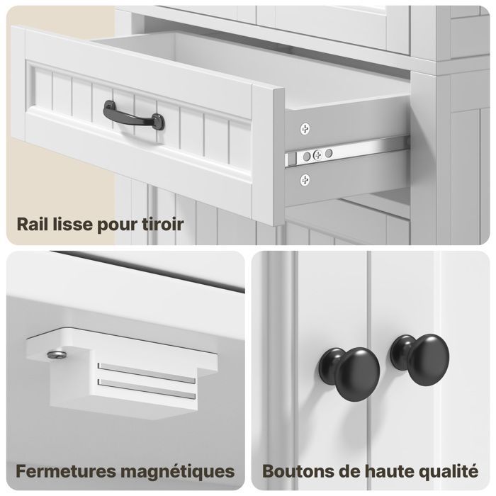 Meuble Haut Salle de Bain - Bealife - Rangement Modulable - 2 Portes - 1 Tiroir - Étagères Réglables - Blanc 73x31x130cm