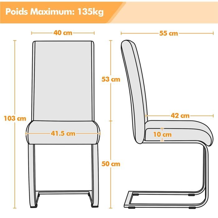 Juego de 6 sillas de comedor en piel sintética de poliuretano con patas metálicas en forma de U y respaldo alto, color blanco. YAHEETECH