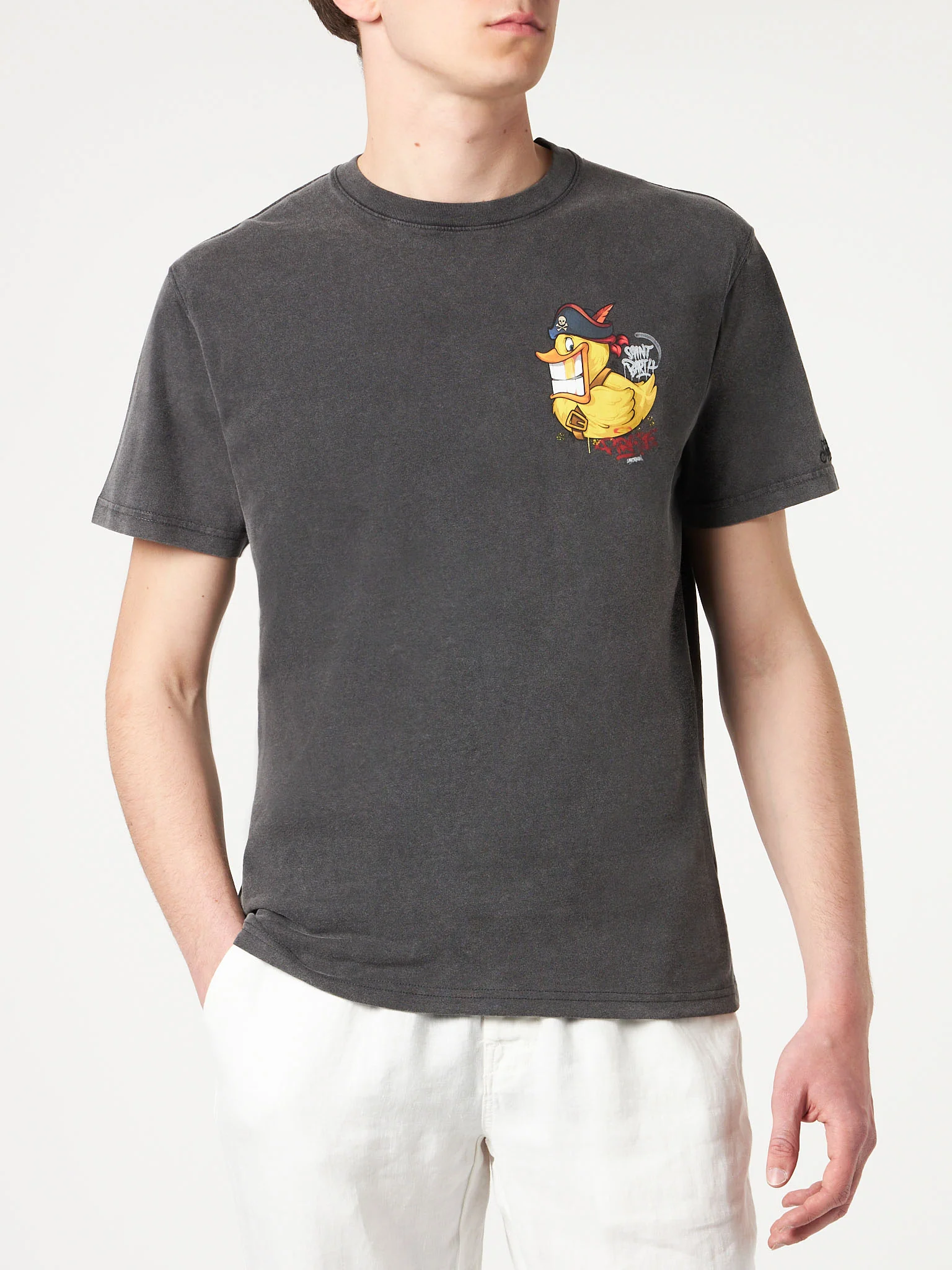Heren katoenen T-shirt met Captain Duck-print op de voor- en achterkant | CRYP