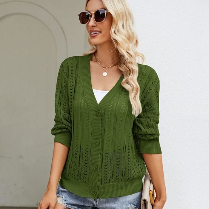 Pull En Tricot Femme Col En V Mode Elegant Slim Fermeture Bouton Automne