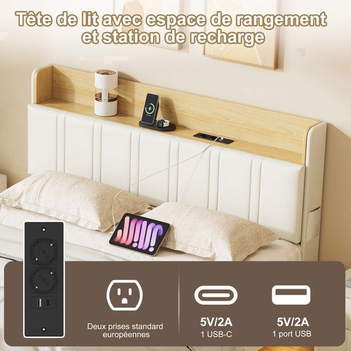 140x190 cm bed met lattenbodem - Tweepersoonsbed voor volwassenen met hoofdbord en opbergruimte - Zwevend bed met led- en usb-aansluiting - Geïntegreerd stopcontact - Wit PU