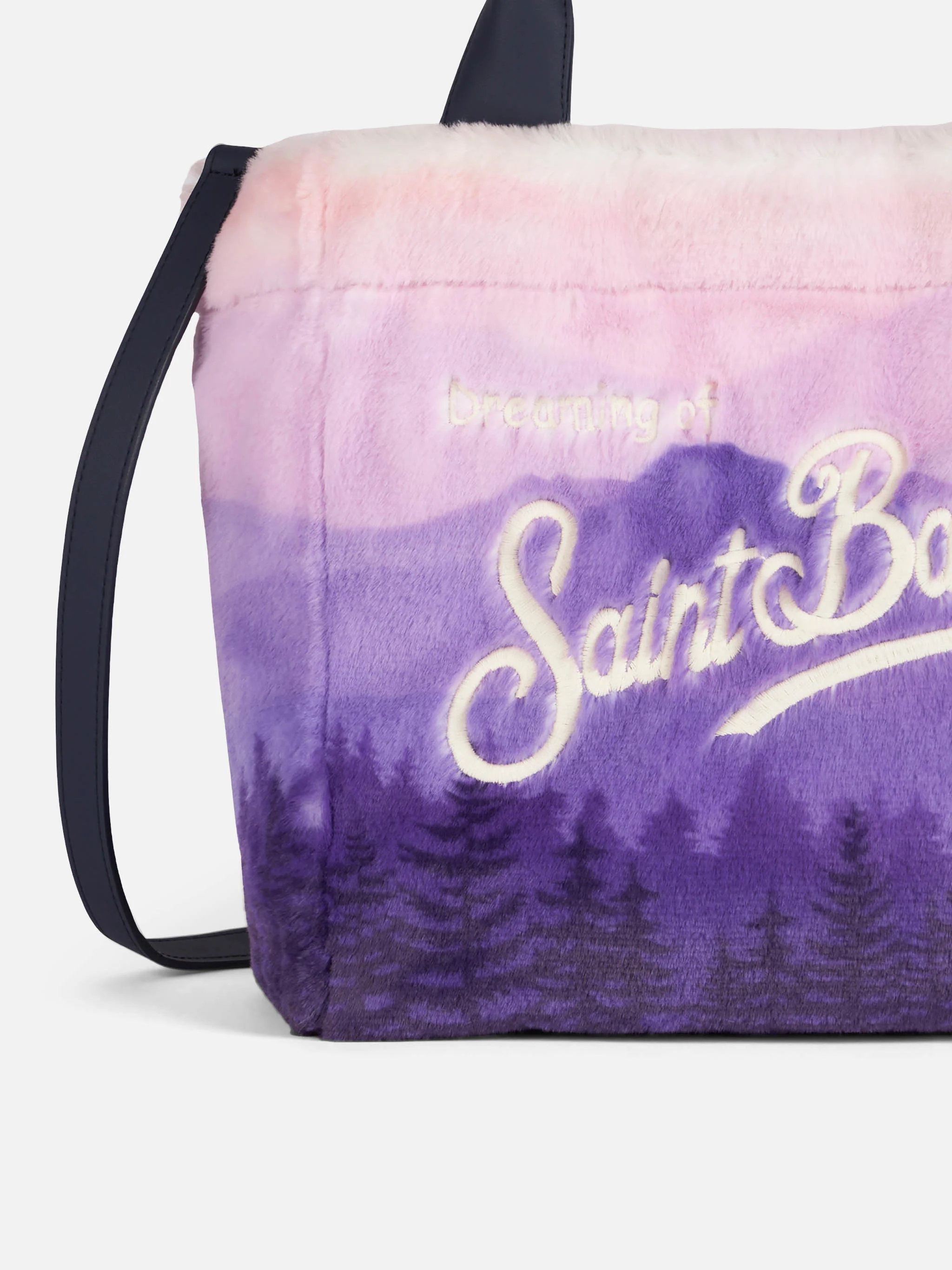 Colette handtas van zacht en pluizig materiaal met ansichtkaartjacquardprint.
