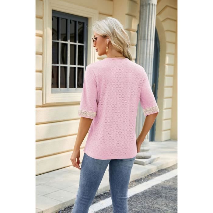 T-shirt estiva da donna a maniche corte con scollo a V e pizzo, vestibilità comoda e rilassata, colore a contrasto - Taglia UE - Rosa