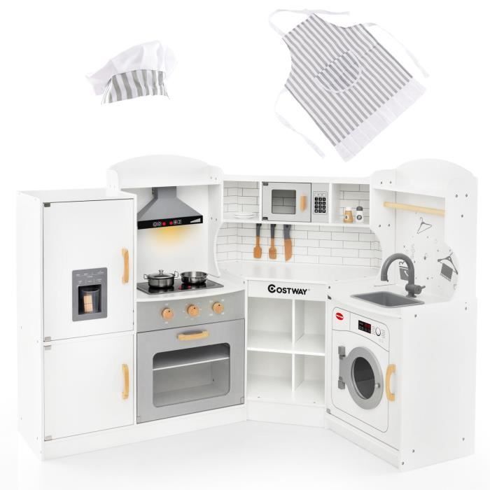 COSTWAY Grande Cuisine pour 4 Enfants 3 à 10 ans, Lumière & Effet Sonore - 15 Accessoires, Blanc & G