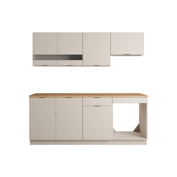 Komplette Küche – mit 200 cm Arbeitsplatte – Beige und Natur – CARMEO