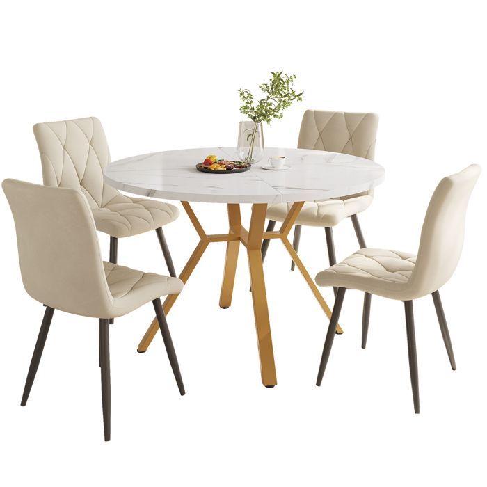 Bord- og stolsett - Gullbein i metall - Spisebord med 4 stoler - Fløyelsstoler - Beige