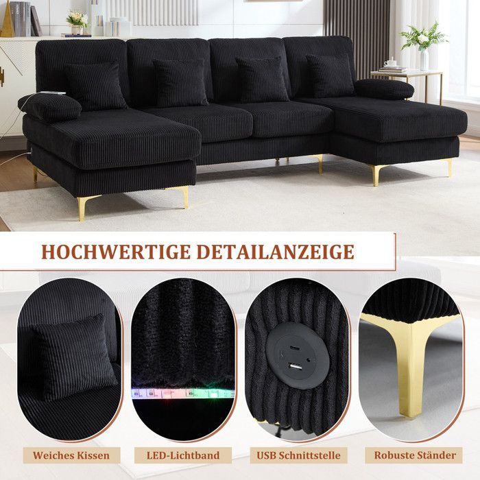 Wendbares 4-Sitzer-Ecksofa, U-förmiges Sofa mit LED-Beleuchtung und USB-C-Anschluss, 4 Kissen und hochwertiger ergonomischer Rückenlehne, Holz